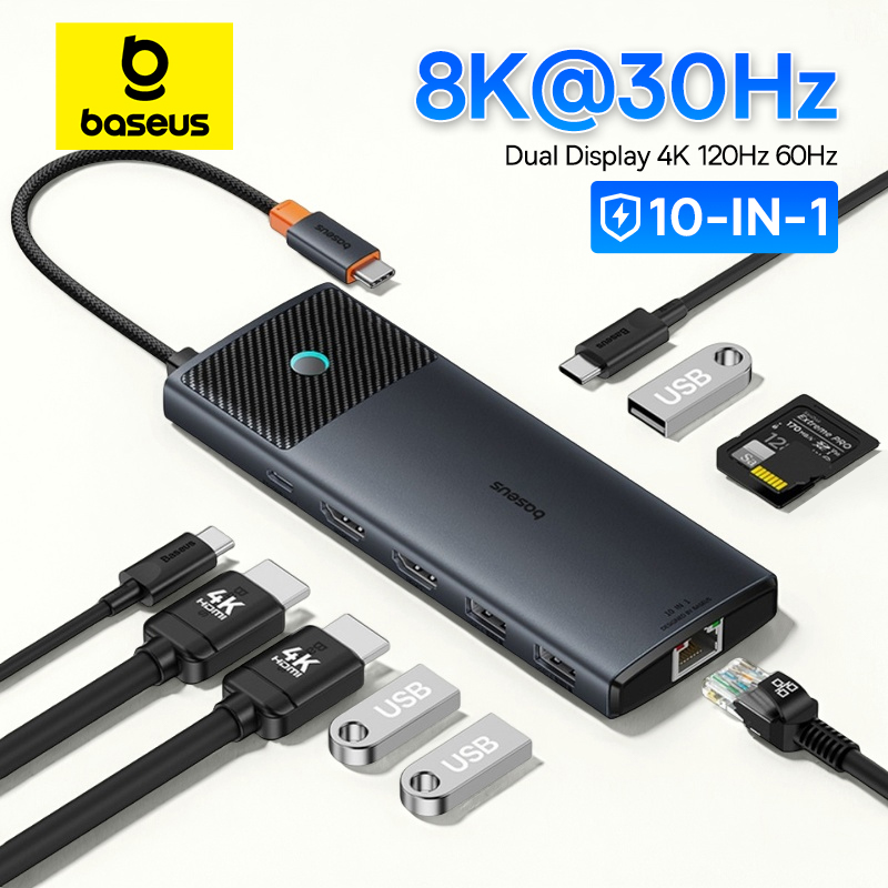 Hub USB-C Baseus 10-em-1 (HDMI duplo, RJ45, SD/TF, PD100W)