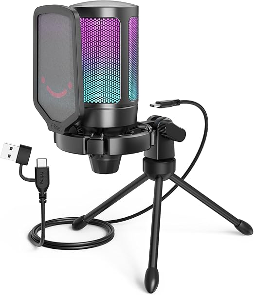 Microfone Condensador USB Fifine A6V com RGB, mudo rápido e pop filter