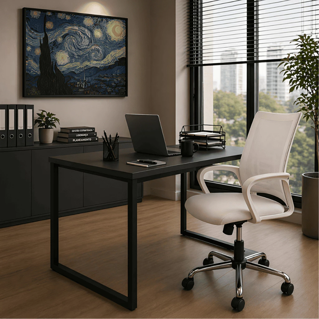 Kit Home Office - Mesa Industrial 90x60 + Cadeira Mesh Regulavel